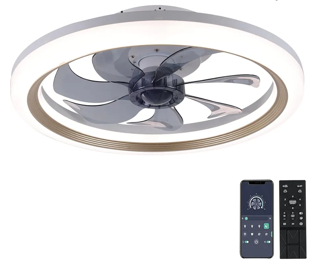 OurEDee 20'' Ceiling Fan with Lights & Remote, Low Profile, 6 Wind Speeds, Dimmable Light, Modern White Flush Mount, Smart for Home (Gold+Grey)