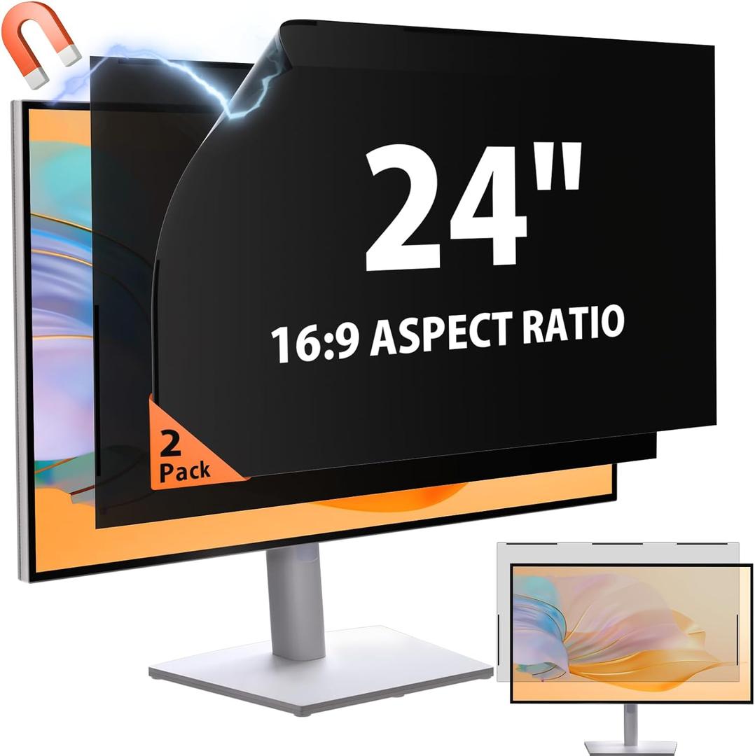 [2 Pack] 24 Inch 16:9 Magnetic Privacy Screen for Monitor Anti-Glare, Blue Light Filter, Anti-Spy Reusable Removable Privacy Filter for 16:9 Widescreen Desktop Display (Black)