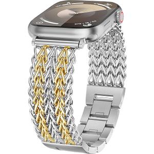 Minyee Compatible with Apple Watch Band 41/40/38/44/45/46/49/42mm Women, Dressy Stainless Steel Metal Chain Strap Designer Starlight Link Bracelet Wristband for iWatch Series 10 9 8 7 6 5 4 Ultra SE