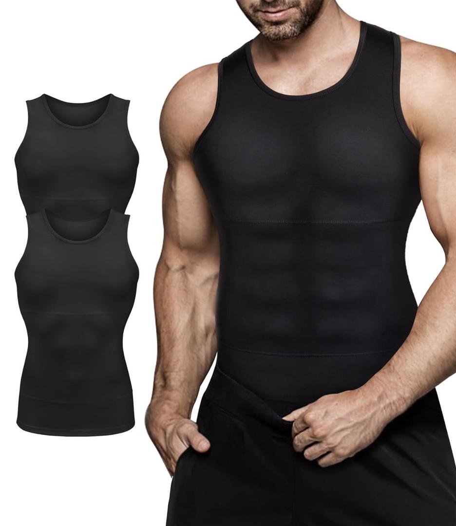 Mens Compression Shirt Slimming Body Shaper Vest Workout Tank Tops Abs Abdomen Undershirts, Large
