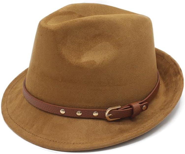 Short Brim Fedora Hats for Men Women Suede Fedora Hats with Belt Buckle Panama Trilby Hats