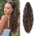 FESHFEN Claw Clip Ponytail Extensions - Long Pony Tail Hair Piece Wavy Curly Synthetic Hairpieces for Women, Brown Highlighted Strawberry Blonde 26 inch