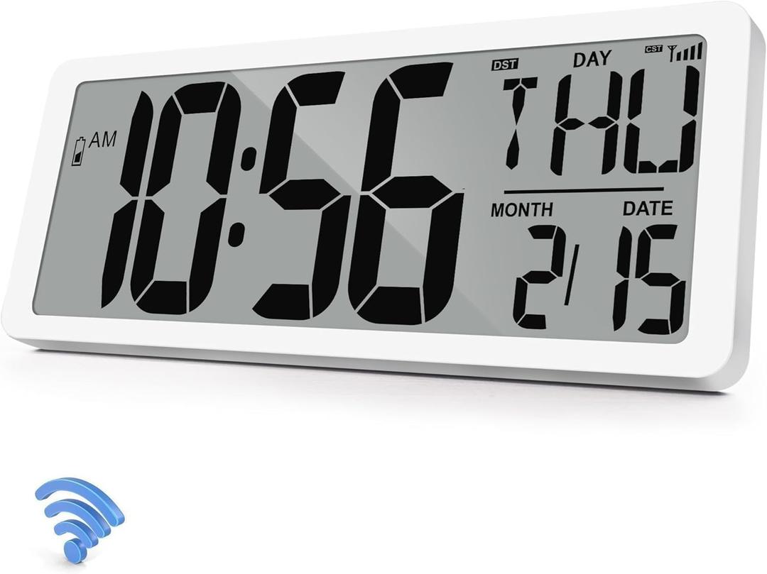 Atomic Clock 14.9" Digital Wall Clock Battery Operated Atomic Wall Clock Large Digital Alarm Clock with Day Date & Temperature for Wall Bedroom Living Room Classroom Home Office