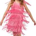 Generic Fringed Dress Round Neck Flapper Dress Retro Latin Dance Stage Costumes for 3-12 Girls (US, Alpha, Small, Regular, Pink) (Pink)