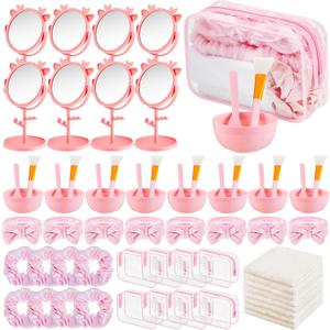 64pcs Spa Sleepover Party Supplies Bulk, Include Face Mask Mixing Bowl Set, Mirror, Headband, Scrunchies, Cosmetic Bags, Face Wash Cloths for Spa Birthday Party (Pink)