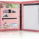 OOWOLF Padfolio Portfolio Folder, PU Leather Professional with 1 inch 3 Ring Binder 8.5 x 11 Letter Size Writing Pad Interview Resume Document Organizer Business Card Holder Zippered Closure Pink
