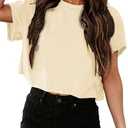 UNCLECAT Women's Cropped T Shirts Trendy Short Sleeve Crew Neck Crop Tops Solid Basic Tee, Large, Beig