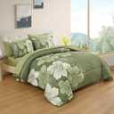 Luxudecor Floral Comforter Set Queen Size, 7 Pieces Bed in a Bag Olive Green Floral Comforter and Sheet Set, Soft Microfiber Green Complete Bedding Sets for All Seasons