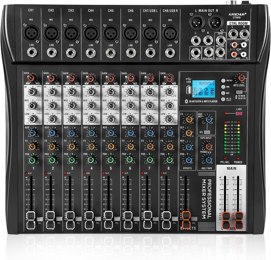 8-Channel Audio Mixer, Recording Sound Board with Bluetooth