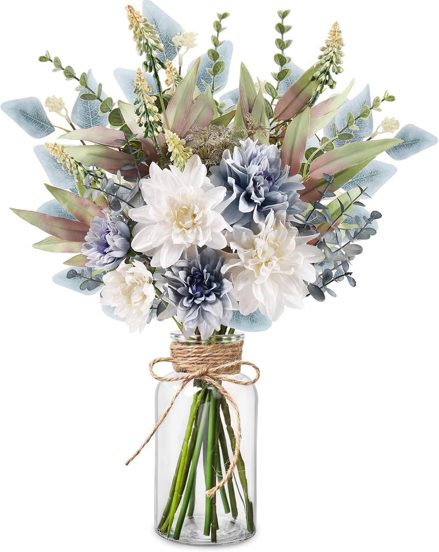 Fake Flowers in Vase Artificial Flowers Coffee Table Decor, Faux Flowers in Vase, Flower Arrangements Artificial Plants Silk Flowers for Home Decor Indoor Centerpiece Table Decorations (Blue White)