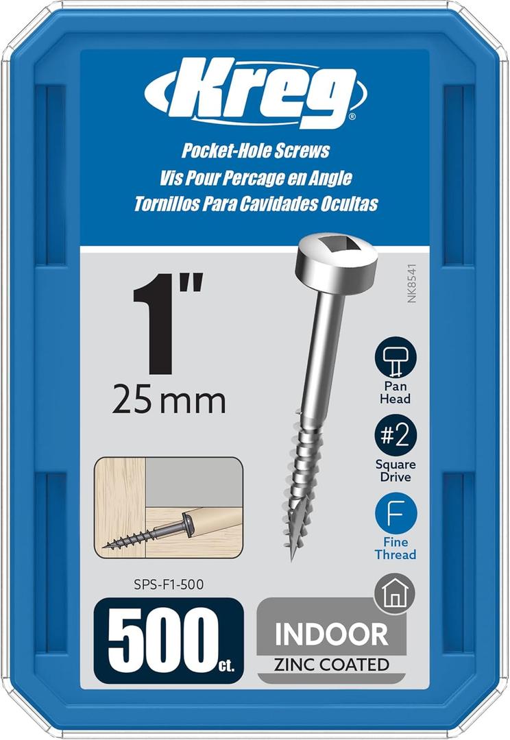 Kreg Zinc Pocket-Hole Screws - SPS-F1-500 - 1-Inch - Fine Thread - Pan Head - Indoor - 500 Count