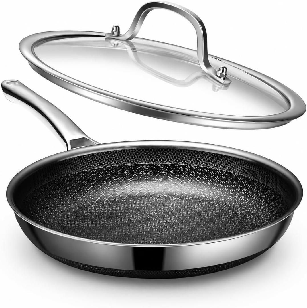 Non Stick Frying Pans, 12-inch with Lid, Nonstick Hybrid Fajita Pans, Stainless Steel Skillets, Dishwasher & Oven-Safe, PFOA Free Cookware, Induction Compatible Cooking Pan