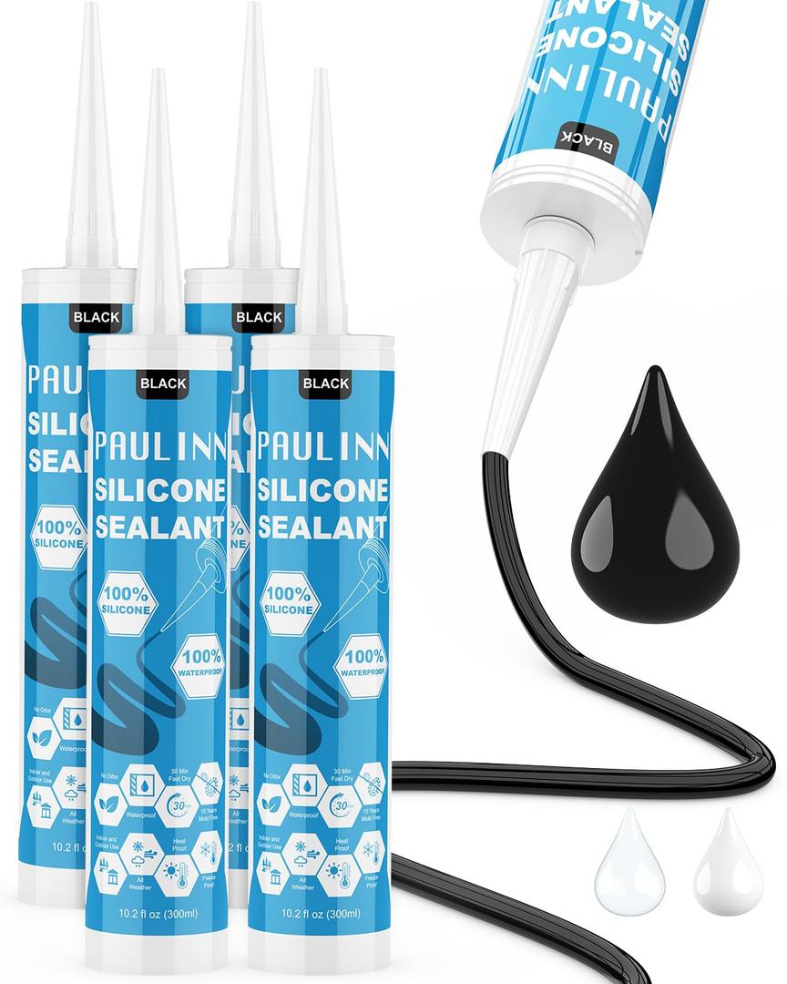 PAULINN Silicone Sealant Black, 100% Silicone Caulk Waterproof for RV, Kitchen, Bath, General Use, Window, Door, Glass, Marine, 10.2 Oz, 4 Packs