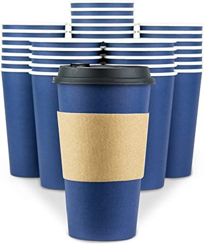 Disposable Coffee Cups With Lids - 16 oz To Go Coffee Cups (80 Set) With Sleeves and Tight Lids Prevent Leaks. Paper Hot Cup Holds Shape With Hot, Cold Drinks. Insulated to Protect Fingers from Heat!