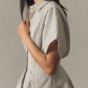 Dsewpaur Women Striped Button Pleated Shirts Short Sleeve Summer Casual Peplum Blouse White, 