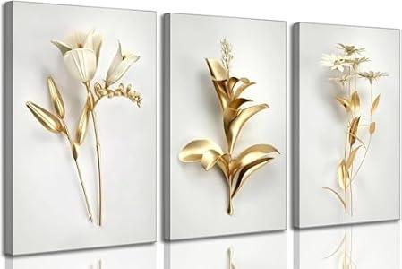RAQXZHSW 3Pcs Abstract Golden Flower Canvas Wall Art 16x24Inch
