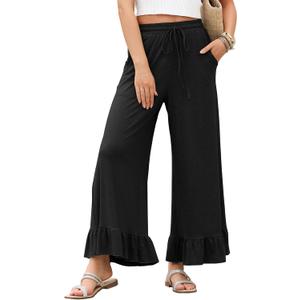 EVALESS Womens Wide Leg Pants Drawstring Elastic High Waisted Ruffle Hem Palazzo Pants with Pockets (Large, Black)