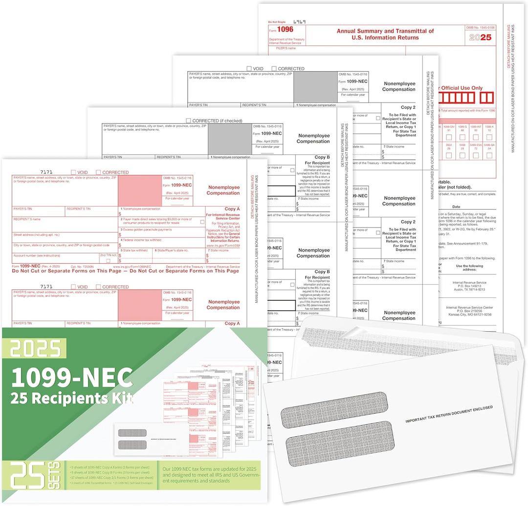 1099 NEC Forms 2025,1099 NEC Forms 2025 with Envelopes, Vendor Kit of 25 Laser Forms, 1099 NEC Tax Forms, 4 Part Tax Forms Kit,25 Self Seal Envelopes with 3 1096 Included