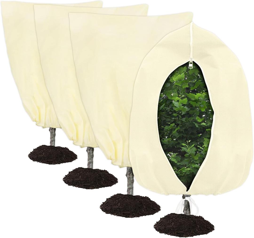 4-Pack Plant Covers Freeze Protection, Round Frost Blankets for Outdoor Plants (32"x48")  Winter Plant Covers, 2.4oz/yd Frost Cloth Plant Protection for Trees, Shrubs & Potted Plants (Beige)