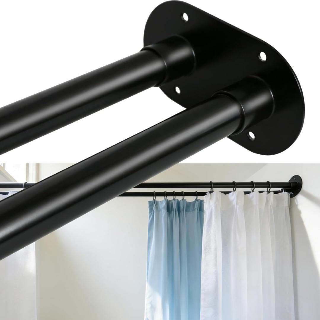 30 to 105" Double Shower Curtain Rod, Adjustable Wall Mounted Dual Shower Rod, Heavy Duty Rustproof Shower Curtain Pole for Bathroom, Laundry Room, Bathtub, Black