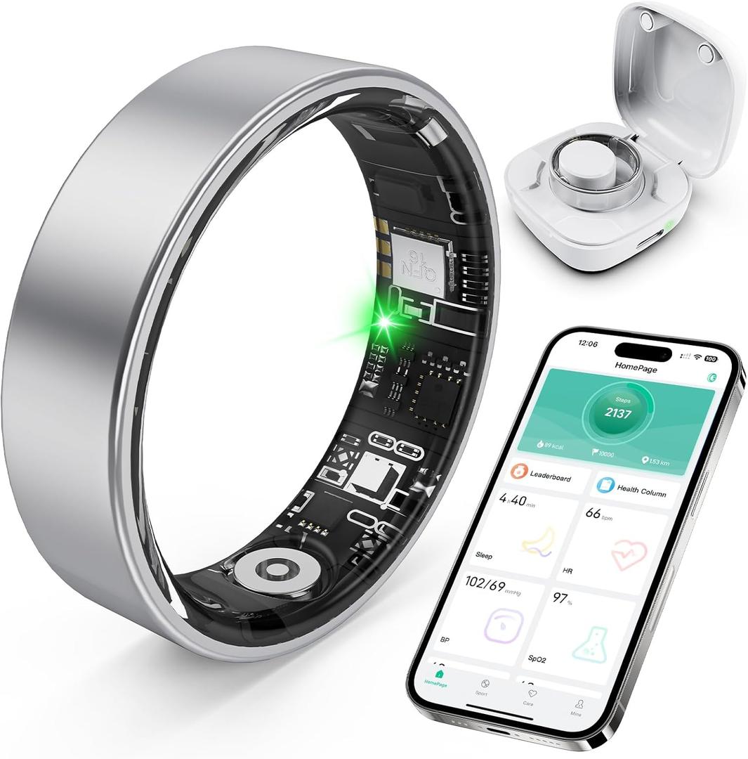 Smart Ring with Sleep Monitoring, Step Counting, Heart Rate, Blood Oxygen for iPhone and Android, No Subscription Fee, IP68 Waterproof Health Tracker (Silver, 10)