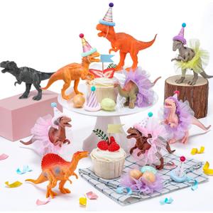 Weysat 27 Pcs Dinosaur Birthday Party Decorations Animal Cake Toppers with Mini Hat with Pom Poms Dinosaur Figure Model Cake Decoration with Mini Skirt and Hat for Animals Themed Party