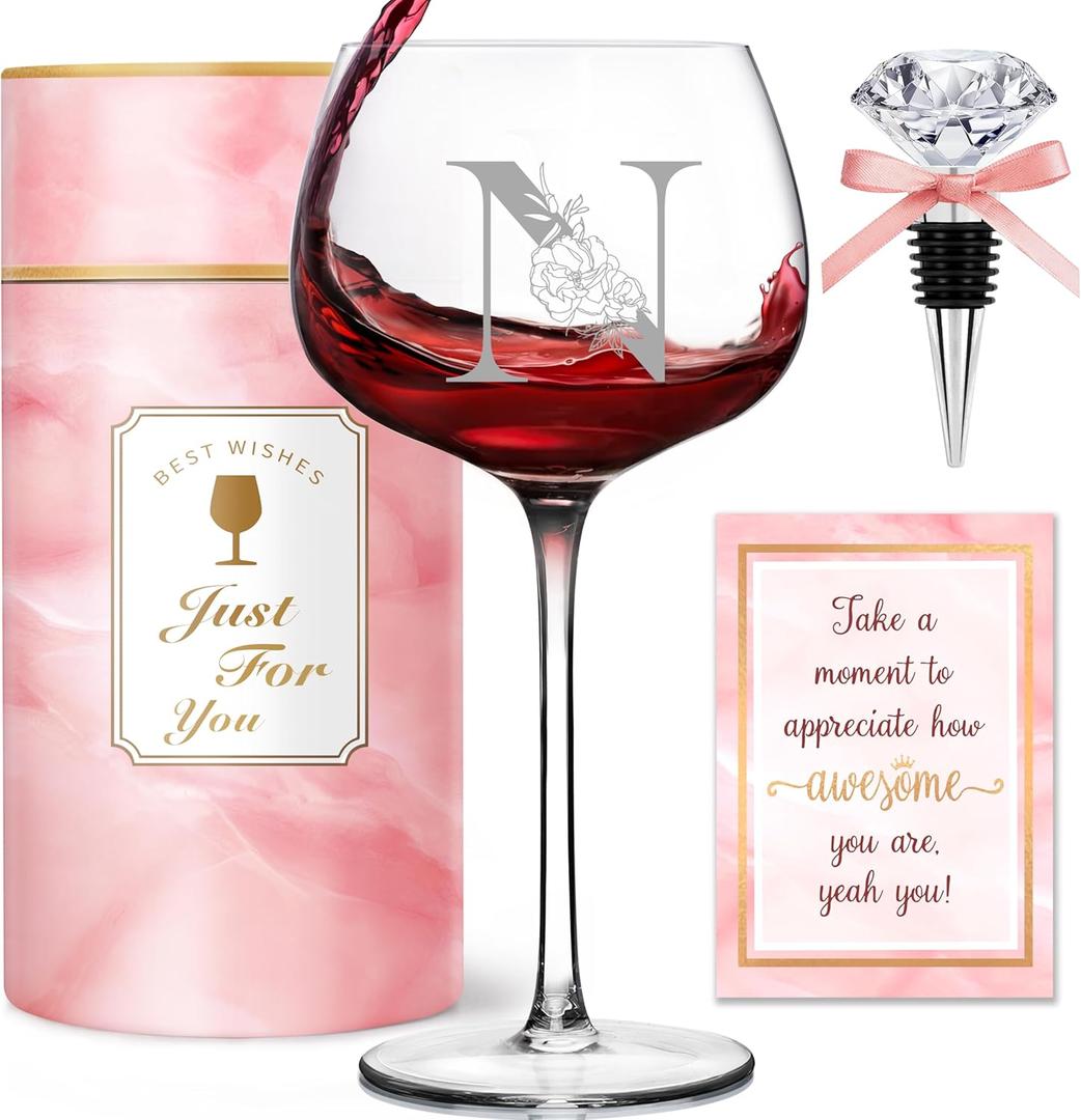 Personalized Gifts for Women - Monogrammed A-Z Wine Glass Customized Gifts, Unique Birthday Gifts for Women, Christmas Basket Gift for Her, Mom, Wife, Sister, Friend, Nurse（N）