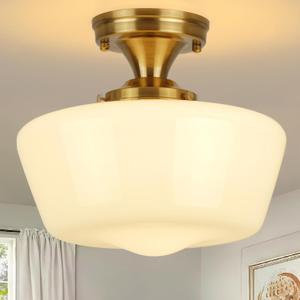 Gold Semi Flush Mount Ceiling Light Fixture, 12" Wide Opal Milk Glass Shade, Vintage Schoolhouse Style Lighting for Kitchen, Bedroom, Hallway, Modern Mid-Century White Lamp, Entryway Foyer (Milk White B)