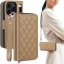 OCASE for iPhone 17 Pro Max Crossbody Wallet Case - Stylish PU Leather Handbag Phone Purse with Zipper Closure, Card Slots & RFID Blocking - Wrist Strap, Lanyard, Kickstand - Diamond Check Khaki