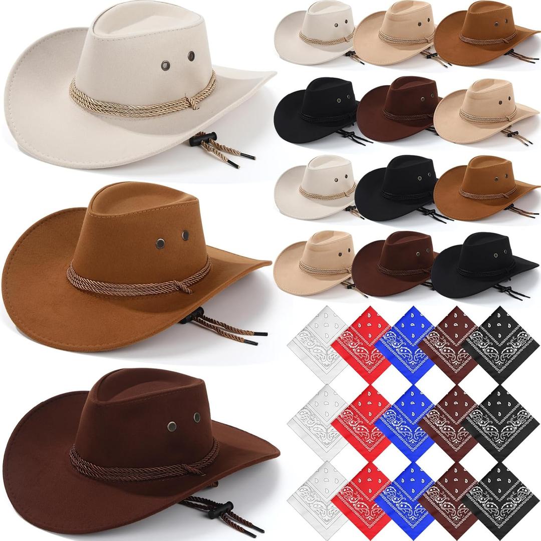 Coume 30 Pieces Western Cowboy Hat Costume Accessories Paisley Bandanna Set Cowgirl Hats Bulk for Adult Women Men Dress Party (Multicolor)
