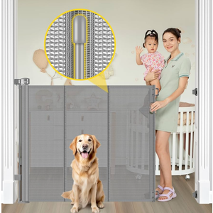 Reinforced 42” Extra Tall Pet Gate for Doorways, Extends up to 60” Wide, Extra Tall Retractable Baby Gates with Rods to Prevent Crawling Through Retractable Mesh Dog Gate Indoor Outdoor, Gray