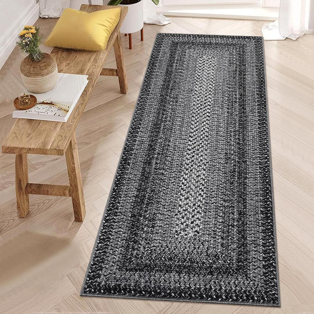 Runner Rug 2x8 Machine Washable Hallway Runner Rug Entryway Long Runner Carpet Braided Printed Throw Mat Non Slip Kitchen Mat Living Room Rustic Carpet for Bedroom Dining Room, Black