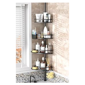 Tension Pole Shower Caddy Corner: Adjustable 4tier Bathroom Organizer Shelves - Rustproof Bathtub Shampoo Rack 43.5-120 inch (Silver)