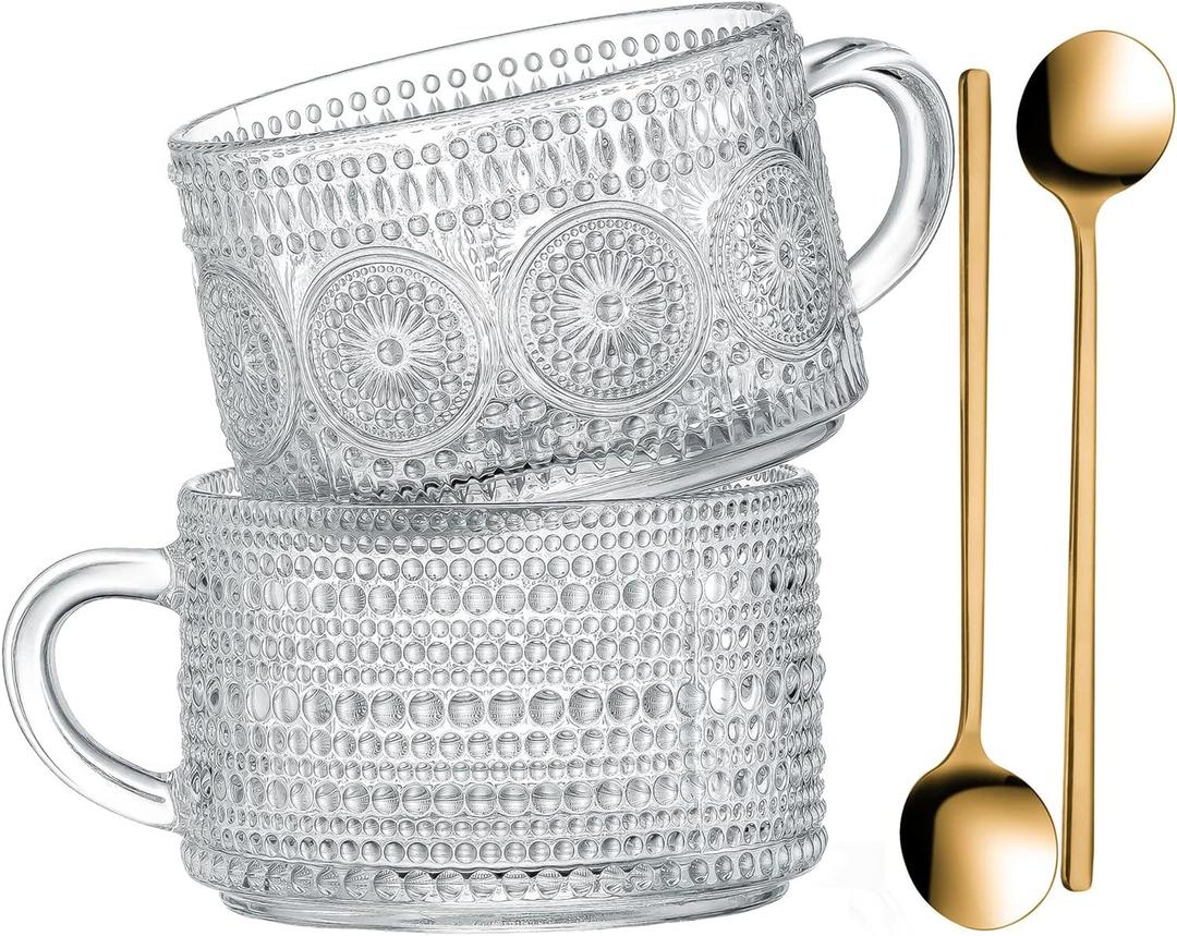 Gezzeny Vintage Glass Coffee Mugs 14 Oz Set of 2 Clear Embossed Tea Cups, Glass Coffee Cups for Cappuccino, Latte, Cereal, Yogurt, Beverage Christmas Thanksgiving Gifts (Translucent)