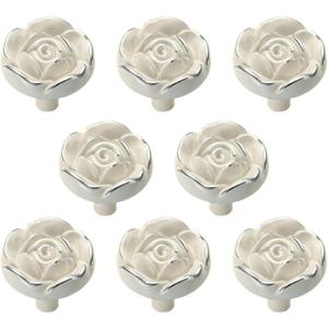 Antique Rose Flower Cabinet Knobs, Vintage Kitchen Shabby Chic Zinc Alloy White Drawer Pull Handles for Dresser Vanity Nightstand Cupboard Wardrobe, 8 Pack (Silver Line)