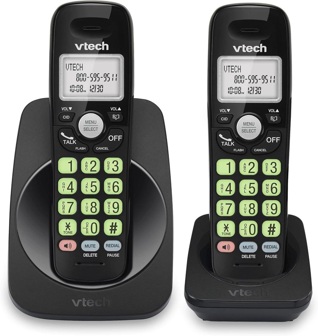 VTech 2Handsets Cordless Phone with DECT 6.0, FullDuplex Speakerphone, Lighted Display, Backlit Keypad, Caller ID/Call Waiting, Volume Control, Hearing Aid Compatible, Wall Mount | VG13121 (Black)