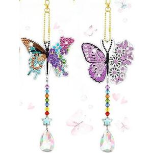 Tradder 2 Pcs Spring Butterfly Diamond Painting Wind Chimes Diamond Painting Suncatcher Art Kit Double Sided Butterfly Ornaments 5d Rhinestone for Spring Home Garden