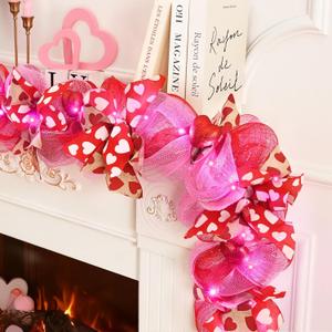 Waipfaru 6 FT Valentines Day Garland with Lights, Valentines Day Decorations, Lighted Valentine's Day Garland for Mantle Pink and Red Artificial Garlands Fireplace Home Table Centerpiece Indoor Decor