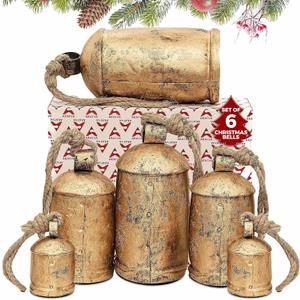 AKATVA Large Christmas Bells for Decoration  Cow Bells for Rustic Christmas Decor  Gold Bells for Christmas Decorations  Vintage Christmas Decor  Rustic Bells on Rope  Set of 6 Pieces