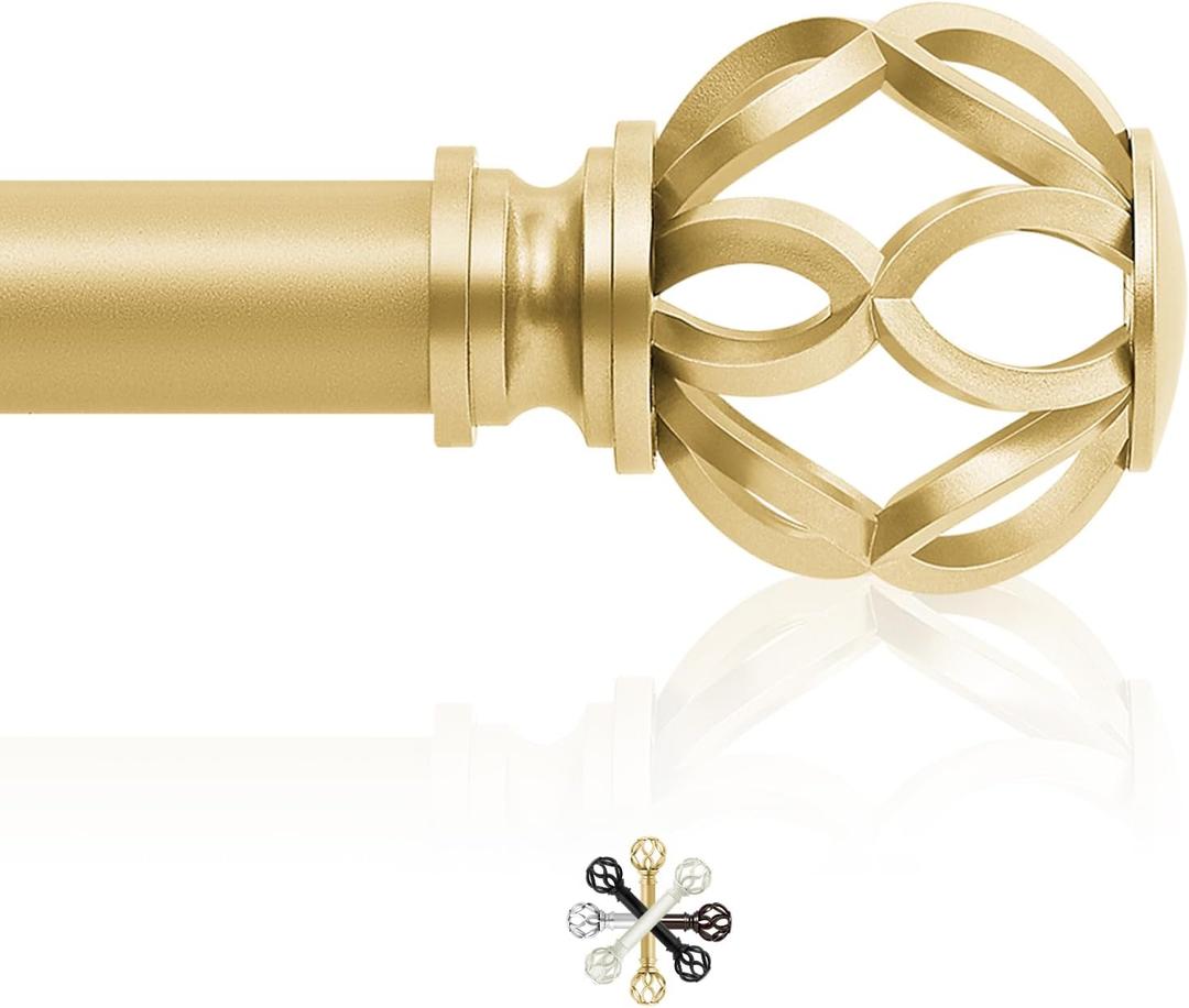 Gold Curtain Rods for Windows 72 to 144 Inch,1 Inch Adjustable Long Curtain Rod,Heavy Duty Curtain Rods,Decorative Twist Cage Finial Curtain Rod,Single Window Curtain Rods Set 72-150",Brass Gold