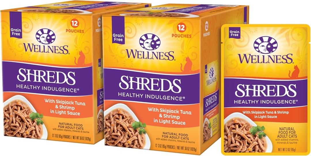 Wellness Healthy Indulgence Shreds Adult Wet Cat Food, Natural, Protein Rich, Grain Free, Tuna and Shrimp Recipe, 3 oz, Pack of 24 Pouches (EXP 06/01/26)