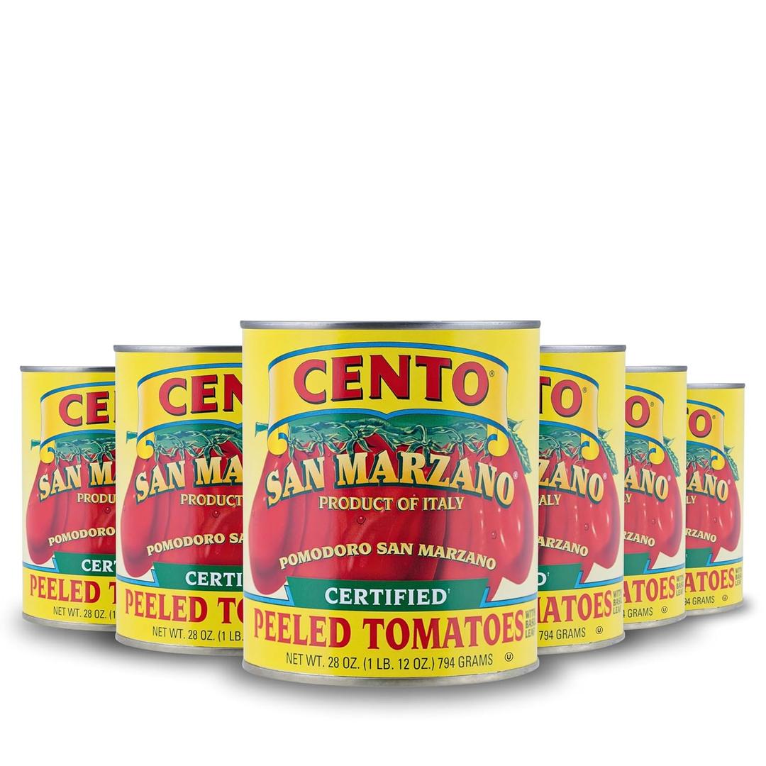 Cento Certified San Marzano Whole Peeled Tomatoes, 28 Oz (Pack of 6), Canned Plum Tomatoes in Thick Puree with Basil, Grown and Processed in Italy (EXP 12/31/36)