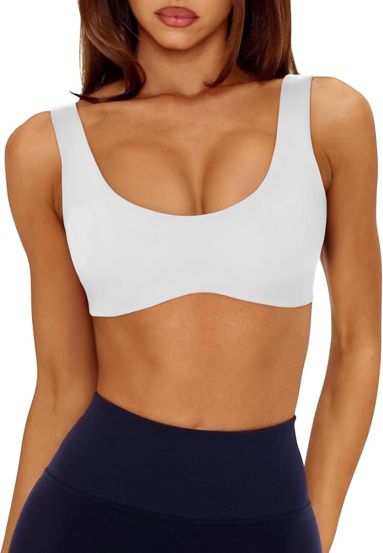 LASLULU Sexy Sports Bras for Women Scoop Neck Sleeveless Padded Bra Workout Yoga Crop Top (Large, White)