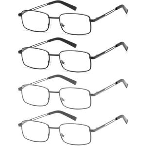 HIGHLIKE Reading Glasses Men, Metal Stainless Flex Readers with Soft Cases, Clear Lens Blue Light Glasses (4 Pack: 2 Black, 2 Gunmetal)