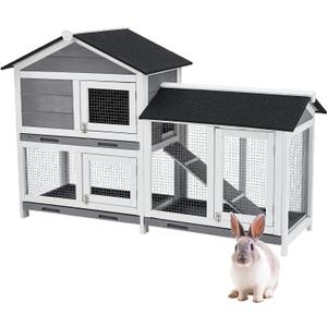 63'' Bunny Hutch Indoor Bunny Cage, with 3 Leak-Proof Removable Trays, Wooden Waterproof Roof Rabbit Hutch Indoor/Outdoor, 2-Tier Bunny House/Chicken Coop, Gray and Black 63'' Bunny Hutch Indoor Bunny Cage, with 3 Leak-Proof Removable Trays, Wooden Waterproof Roof Rabbit Hutch Indoor/Outdoor, 2-Tier Bunny House/Chicken Coop, Gray and Black