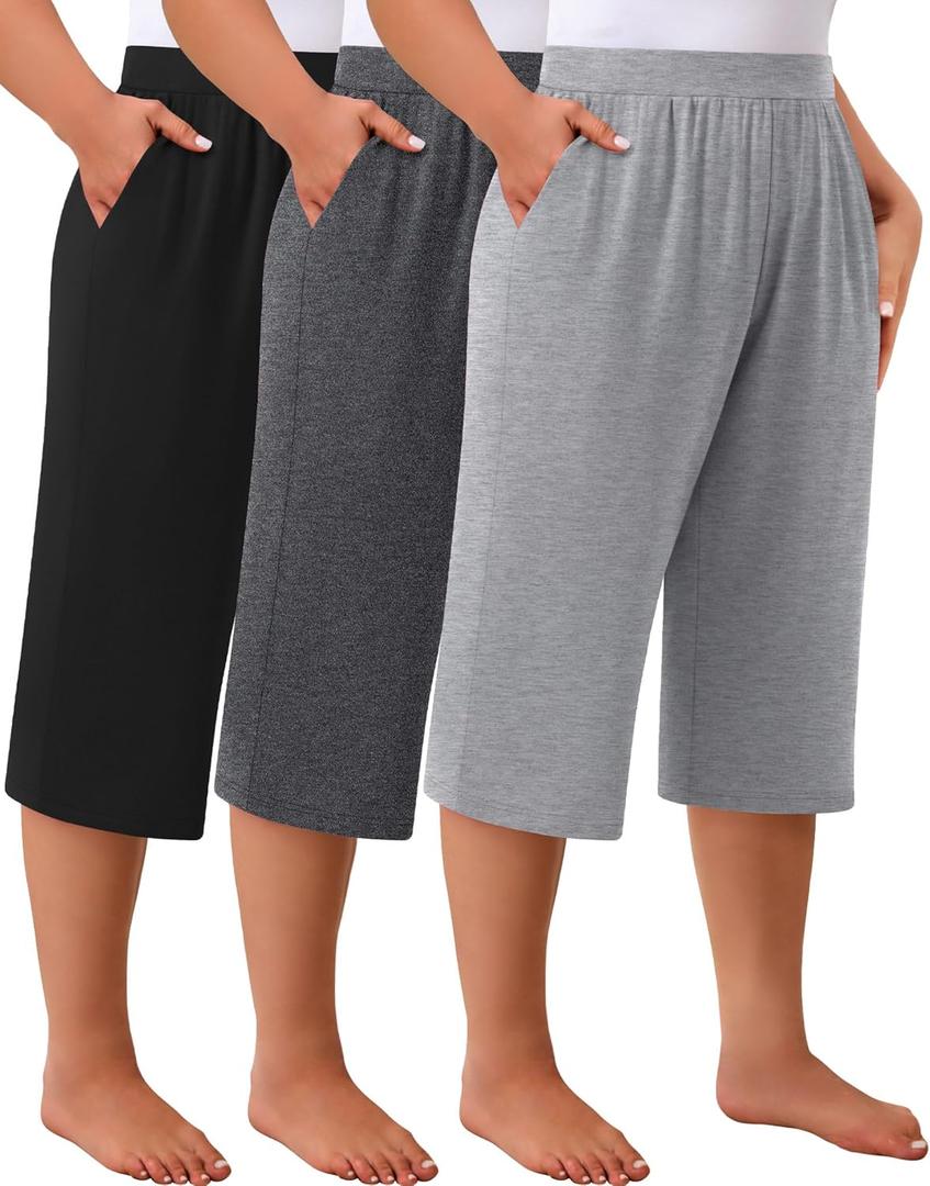 Huukeay 3 Pack Women's Plus Size Capri Pants, Cotton Wide Leg Capris Sweatpants Summer Loose Cropped Yoga Pants with Pockets (5X-Large, Black, Heather Gray, Light Gray)