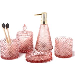 EMPO 5Pcs Diamond Glass Bathroom Accessories Complete Set, Triangle Vintage Lotion Dispenser, Soap Dish, Toothbrush Holder, Tumbler, Cotton Swab Jars, Modern Decor, Housewarming Gift Set (Fresh Pink)