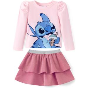 Disney Frozen Elsa Stitch Princess Minnie Toddler Girl 2 Piece Outfit Puff Sleeve Top & Sparkly Skirt Set Birthday Dress (6-7 Years)
