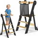 COSYLAND Pre-Assembled Foldable Toddler Kitchen Stool Helper  Toddler Standing Tower with Safety Net, Adjustable Heights & Anti-Tip Feet for Safe Kitchen Fun(Natural & Dark Gray)