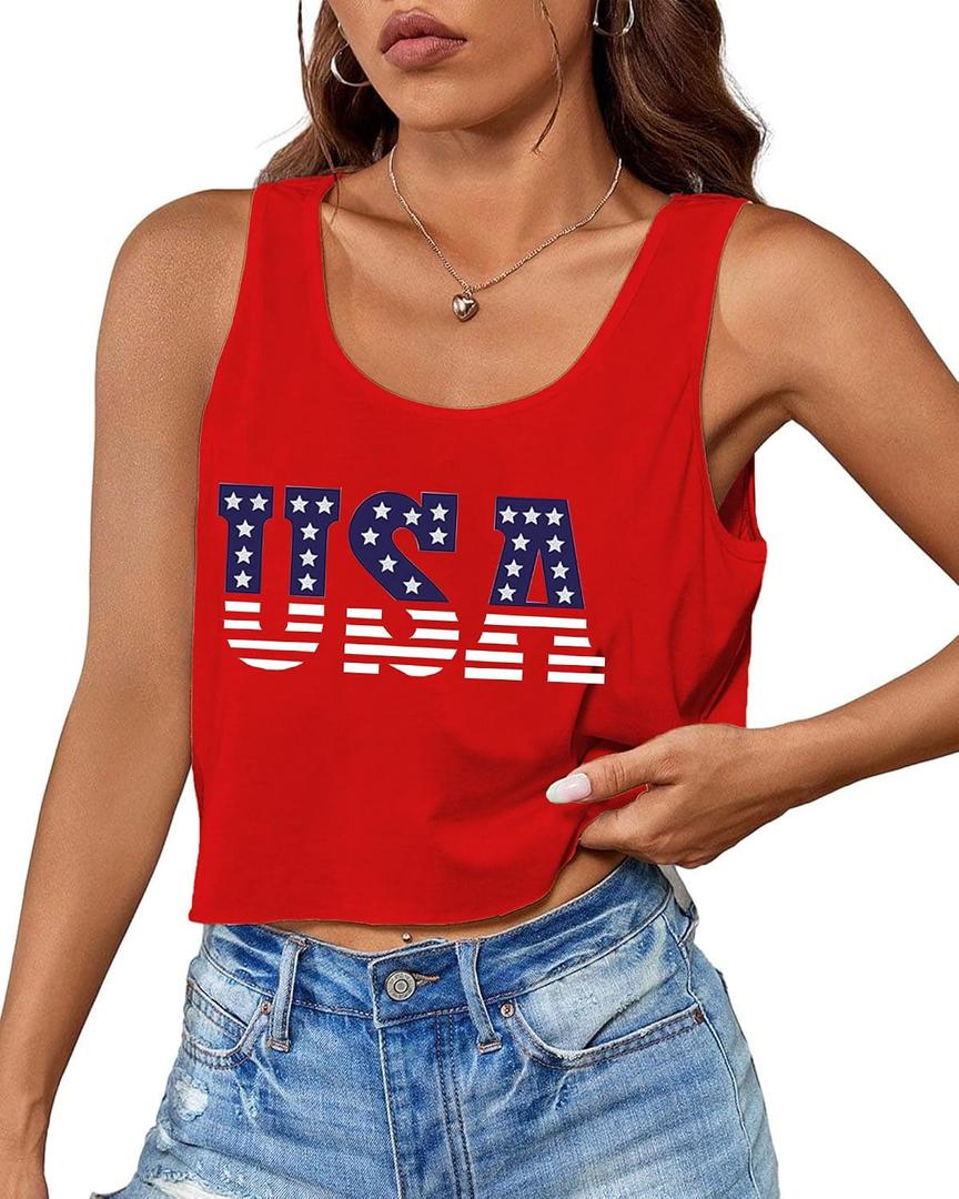 Aluvee USA 4th of July Tank Tops Women Red White and Blue Shirts Tank Tops American Patriotic Flag Crop Sleeveless Tee (L)